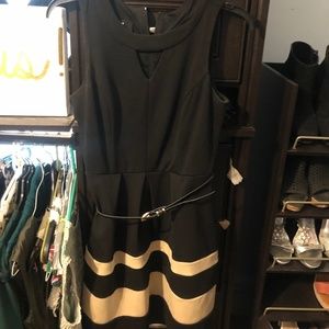 IZ Byer Juniors Black Fit and Flare Dress with Beige Stripes on Skirt Size 5